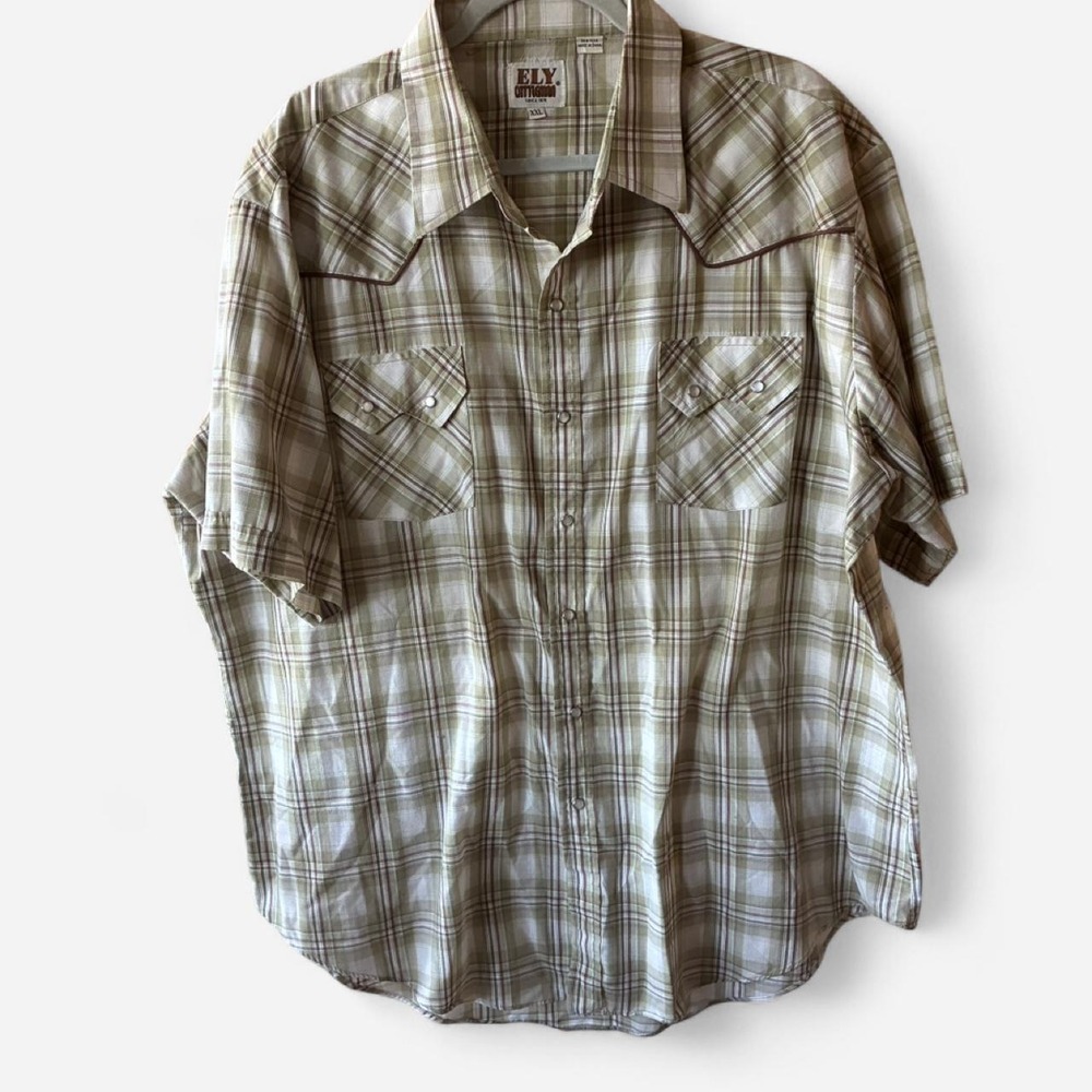 Ely Cattleman green plaid button up pearl snap short sleeve shirt Size XXL